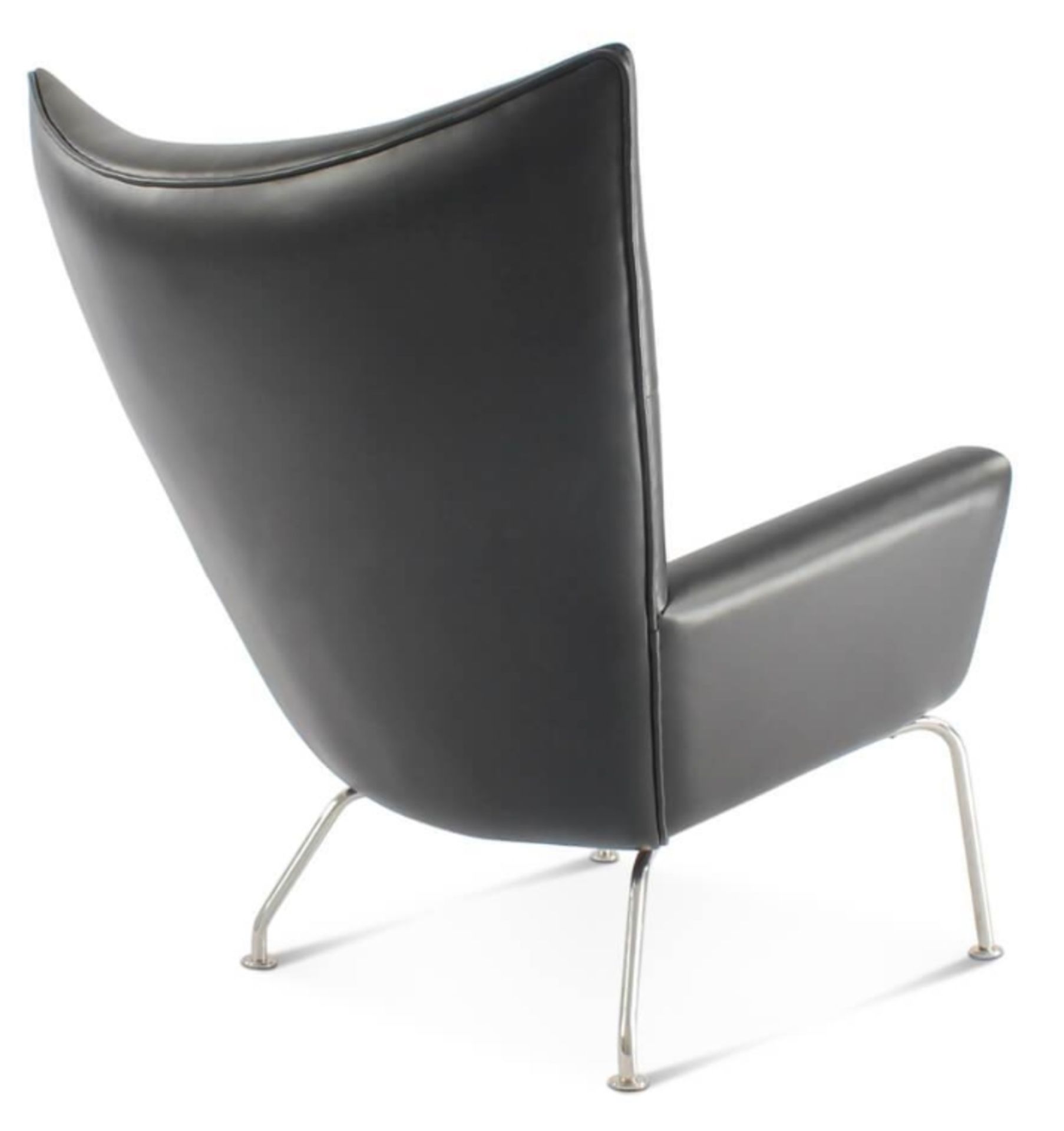 1 x Hans Wegner Inspired Wing Arm Chair - Genuine Black Leather Upholstery - Image 8 of 11