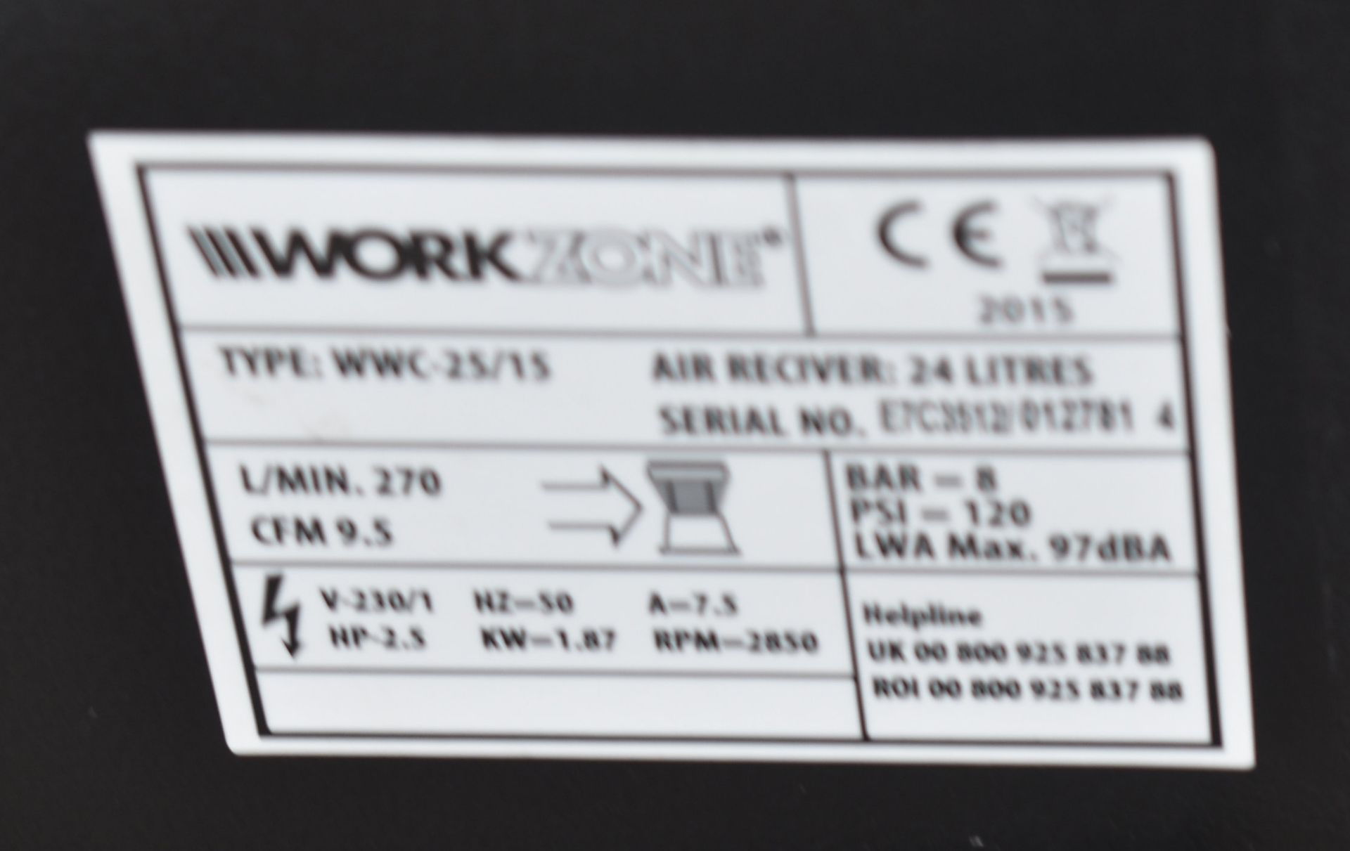 1 x WORKZONE Wwc 25/15 Air Compressor - 24L Receiver, 2.5Hp - RRP £190 - Ref: K260 - CL905 - Locatio - Image 6 of 14