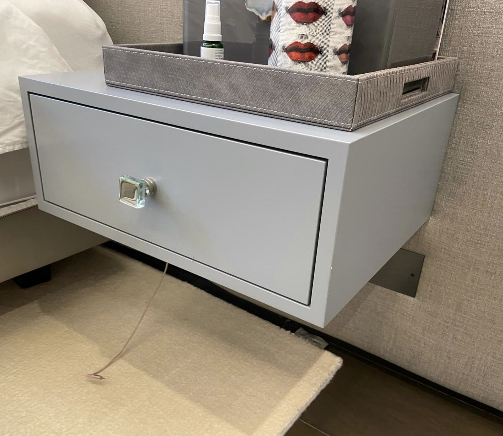 Pair of Stylish Wall Hung Bedside Drawers with a Grey Lacquer Finish and Glass Handles - Image 3 of 14