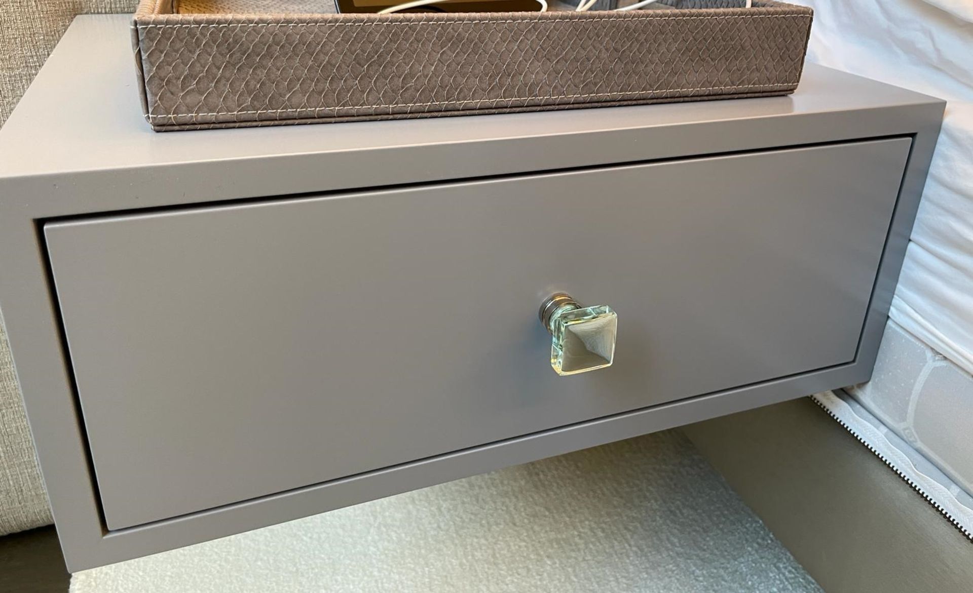 Pair of Stylish Wall Hung Bedside Drawers with a Grey Lacquer Finish and Glass Handles - Image 11 of 14