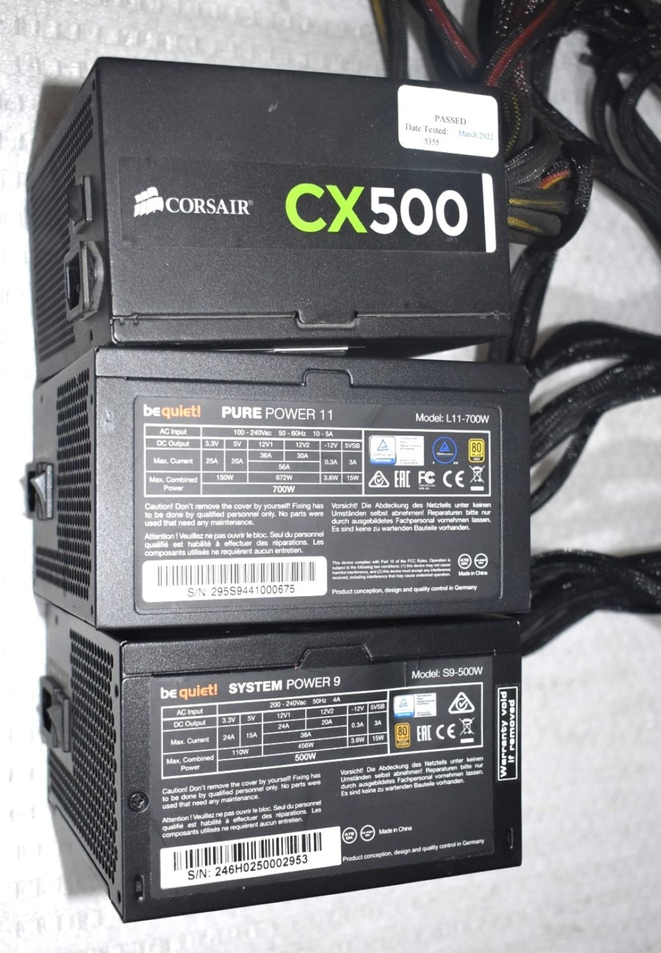 3 x Desktop PC Power Supplies - Brands Include Corsair CX500, BeQuiet Purepower 9 and BeQuiet - Image 3 of 3