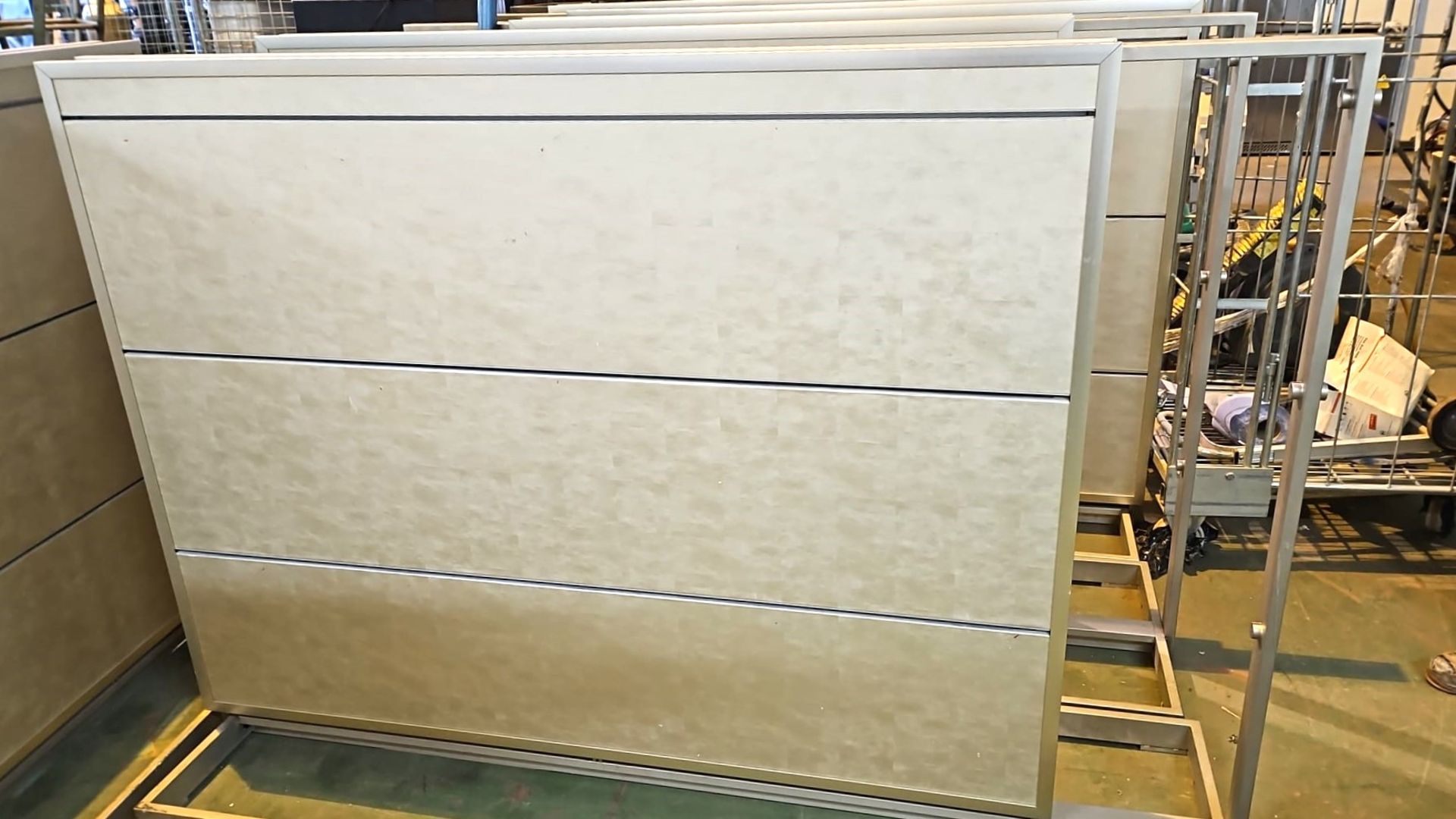 2 x Freestanding Retail Display Slat Walls Featuring a Light Wood Finish, Metal Surround and