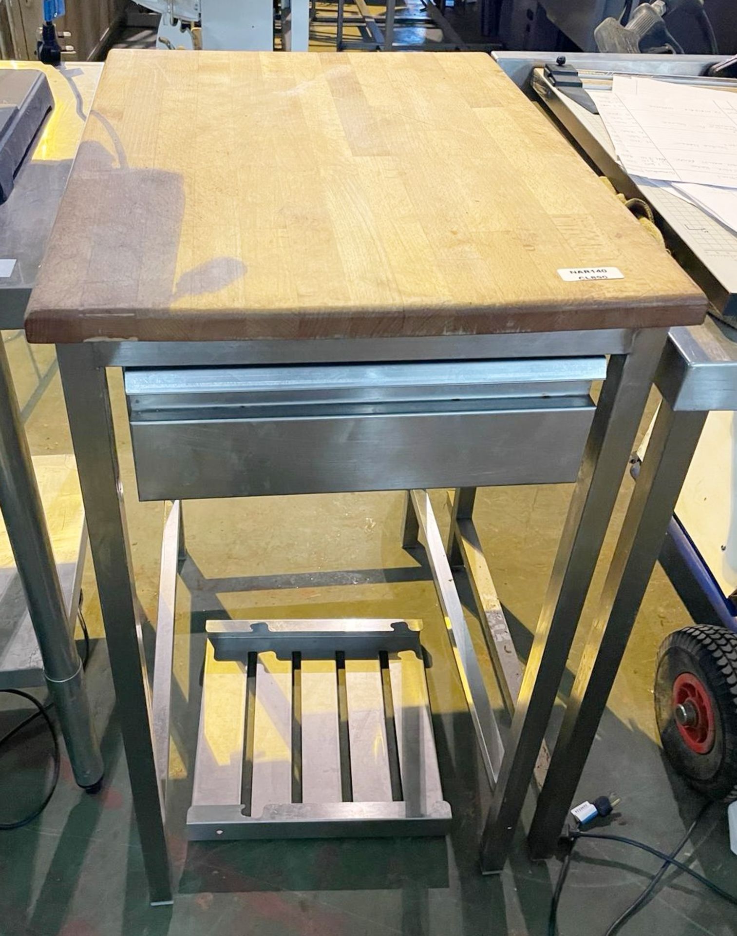 1 x Stainless Steel Prep Table With Wooden Cutting Top and Drawer