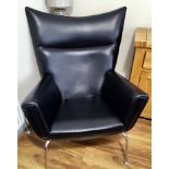 1 x Hans Wegner Inspired Wing Arm Chair - Genuine Black Leather Upholstery