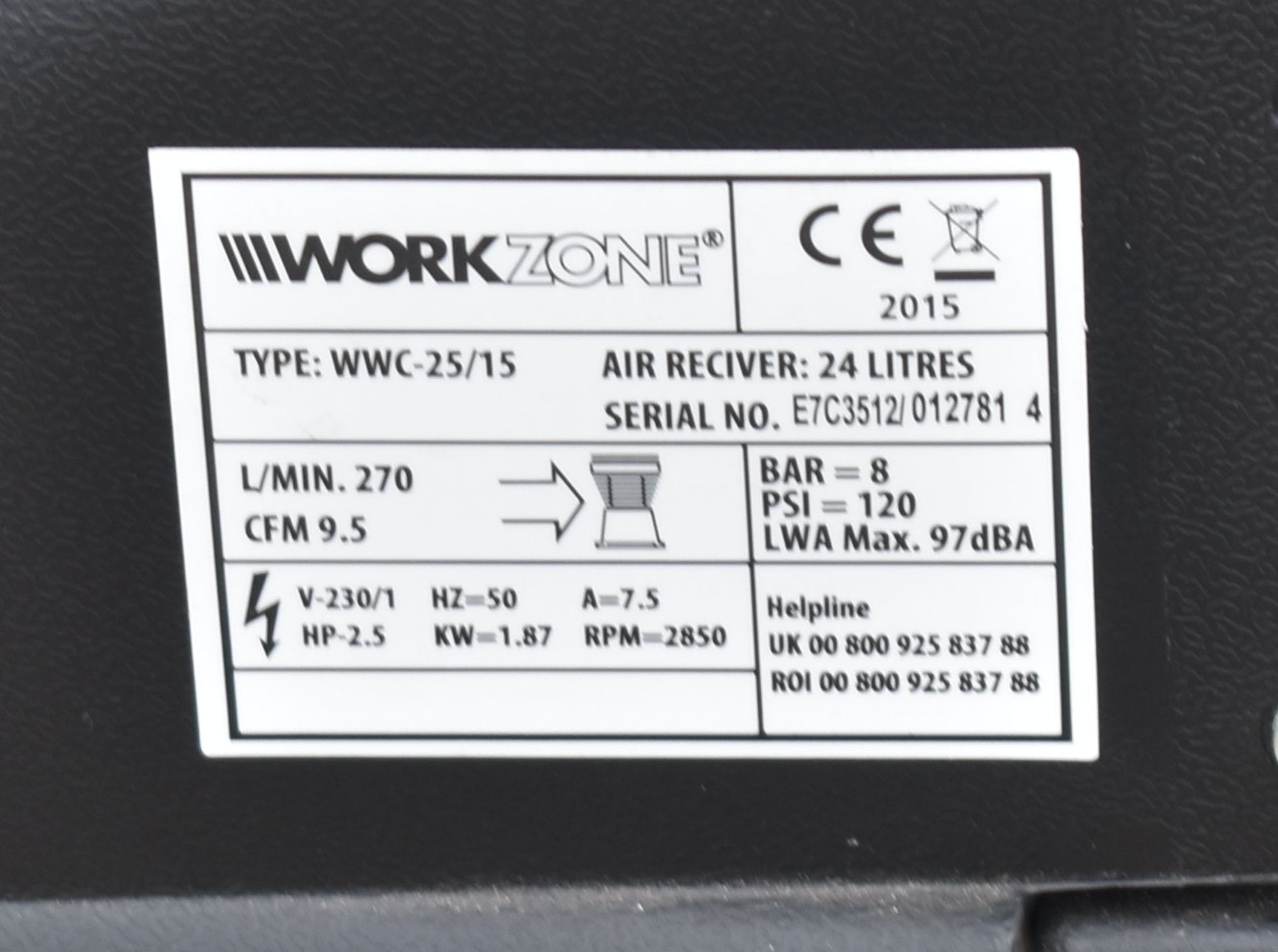 1 x WORKZONE Wwc 25/15 Air Compressor - 24L Receiver, 2.5Hp - RRP £190 - Ref: K260 - CL905 - Locatio - Image 5 of 14