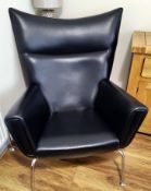 1 x Hans Wegner Inspired Wing Arm Chair - Genuine Black Leather Upholstery