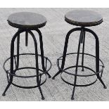 Pair of Rustic Iron Adjustable Bar Stools With Curved Legs and Wooden Seats