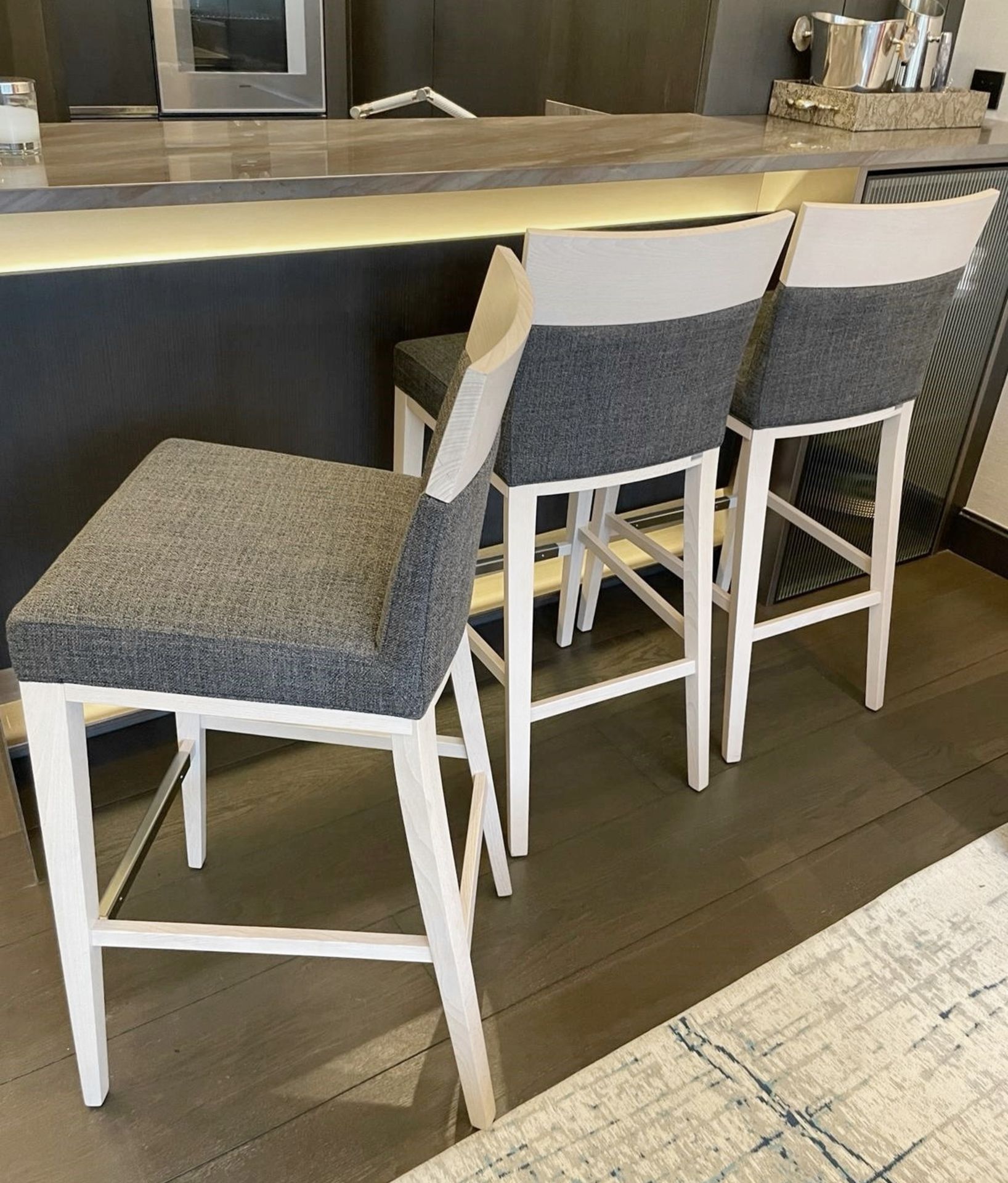 3 x MONTBEL Designer Bar Stools With Light Stained Frames And Grey Fabric Upholstery - Image 5 of 18