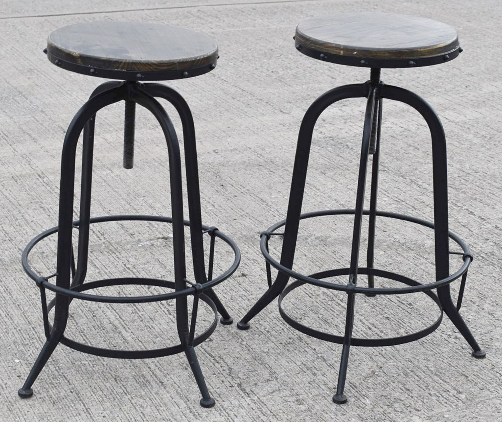 Pair of Rustic Iron Adjustable Bar Stools With Curved Legs and Wooden Seats - Image 2 of 6