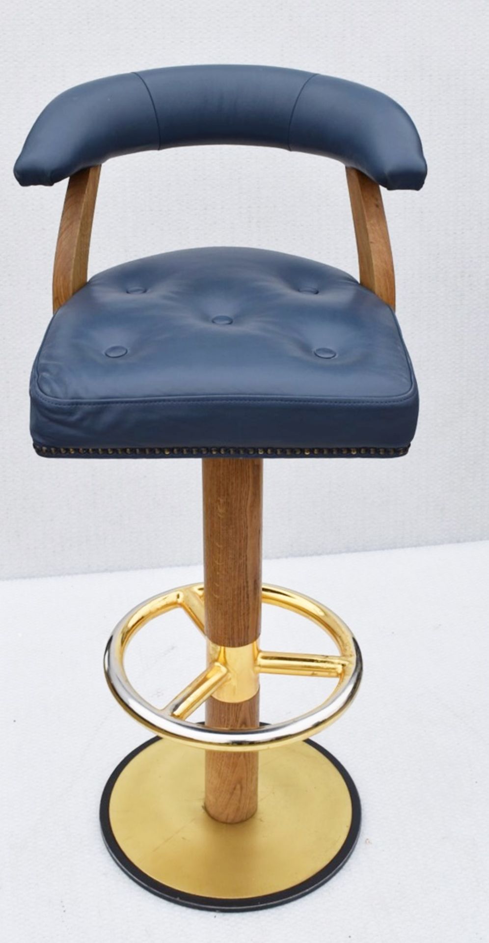 1 x Luxury Buttoned Bar Stool with Wooden Frame, Metal Base, Footrest and Studded Upholstery in a