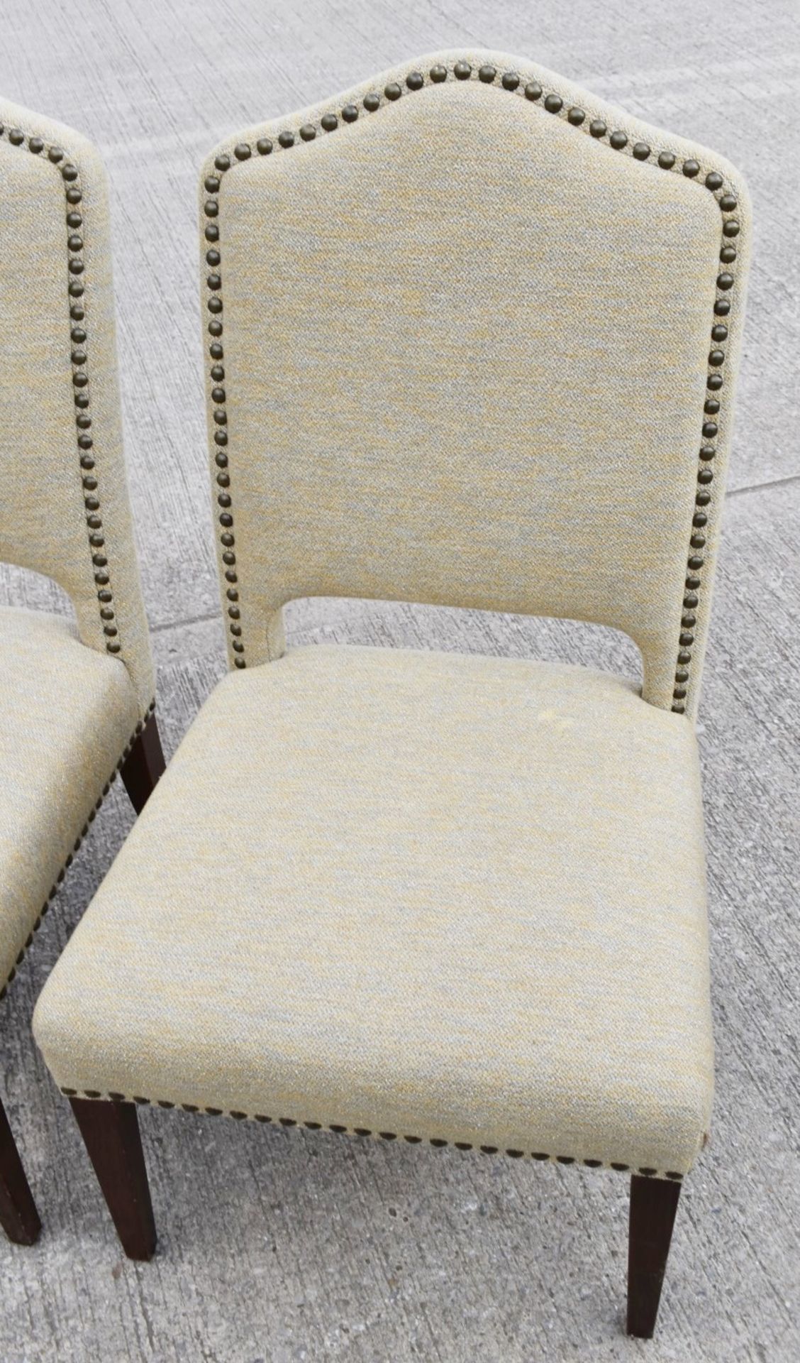 Pair Of Finely Crafted Studded Chairs Upholstered in a Premium Woven Fabric with Wooden Legs - - Image 2 of 3