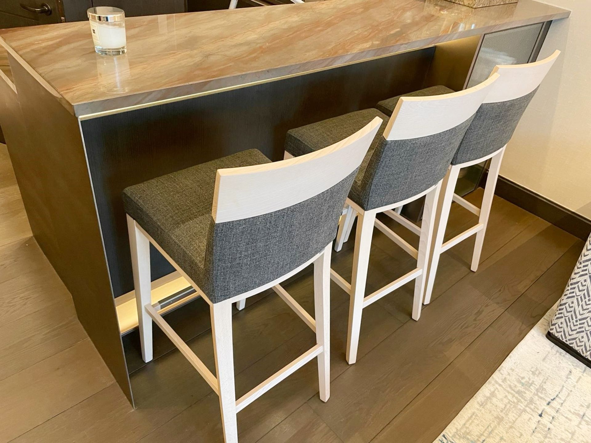 3 x MONTBEL Designer Bar Stools With Light Stained Frames And Grey Fabric Upholstery - Image 17 of 18