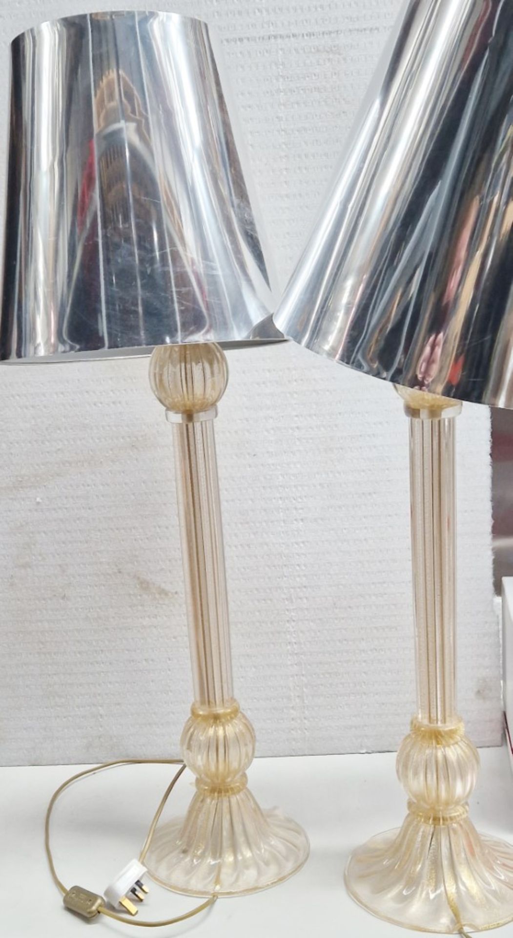 Set Of 2 x Mid-Century Classic Blown Murano Glass Table Lamp With Gold Flecks & Metallic Shades - Image 9 of 11