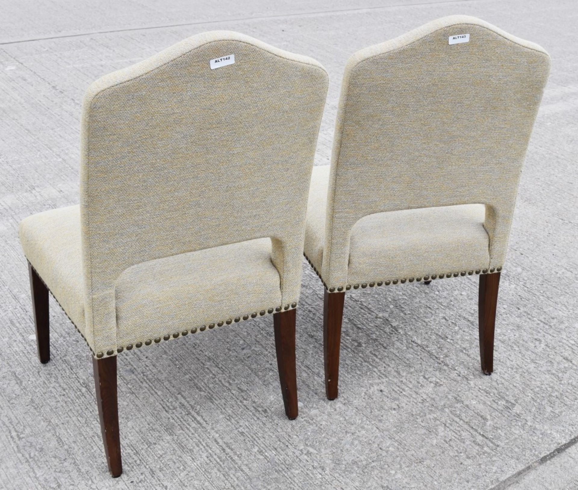 Pair Of Finely Crafted Studded Chairs Upholstered in a Premium Woven Fabric with Wooden Legs - - Image 3 of 3