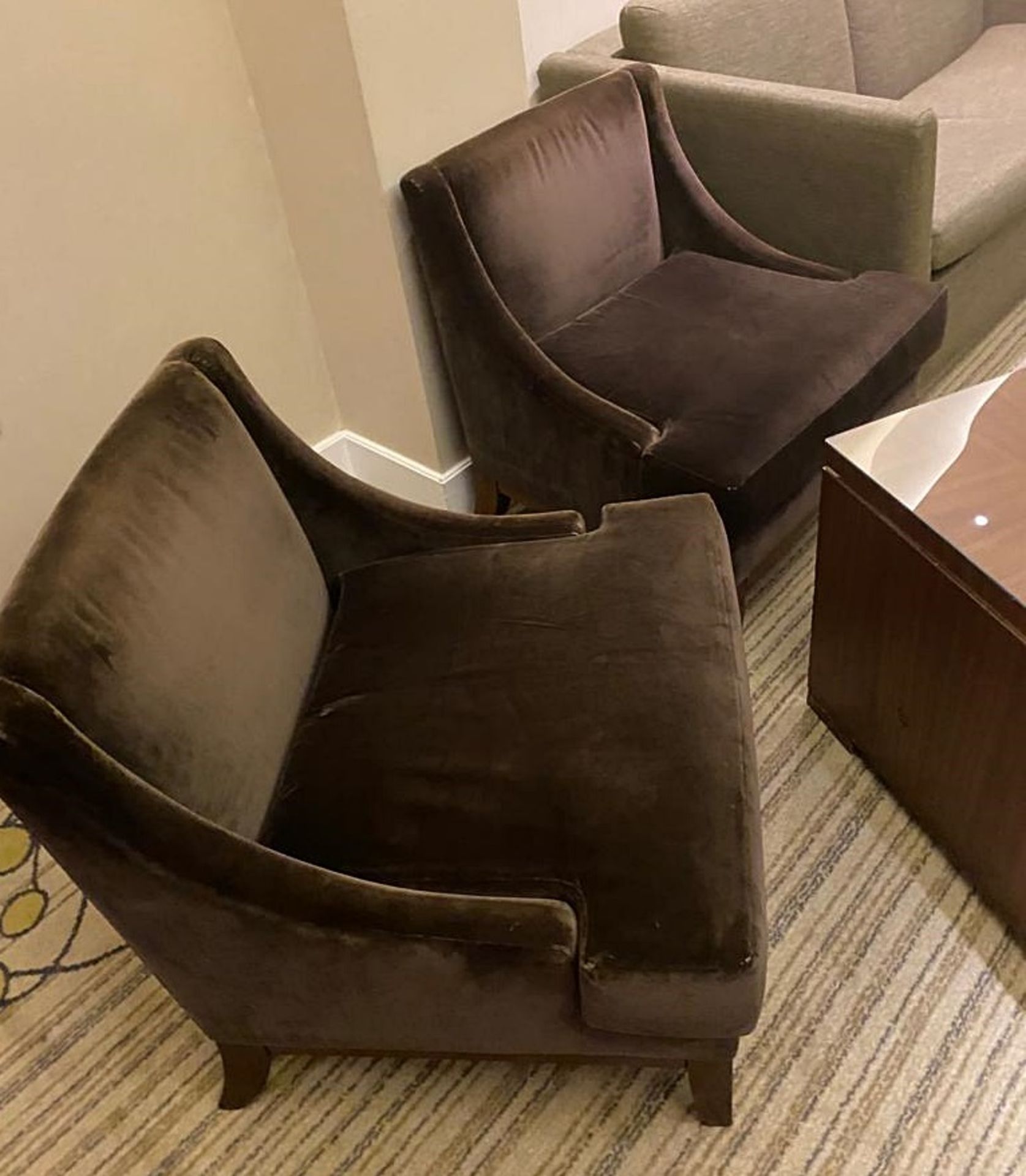 A Pair of Dark Brown Velvet Upholstered Commercial Armchairs - Recently Procured From A Luxury 5-