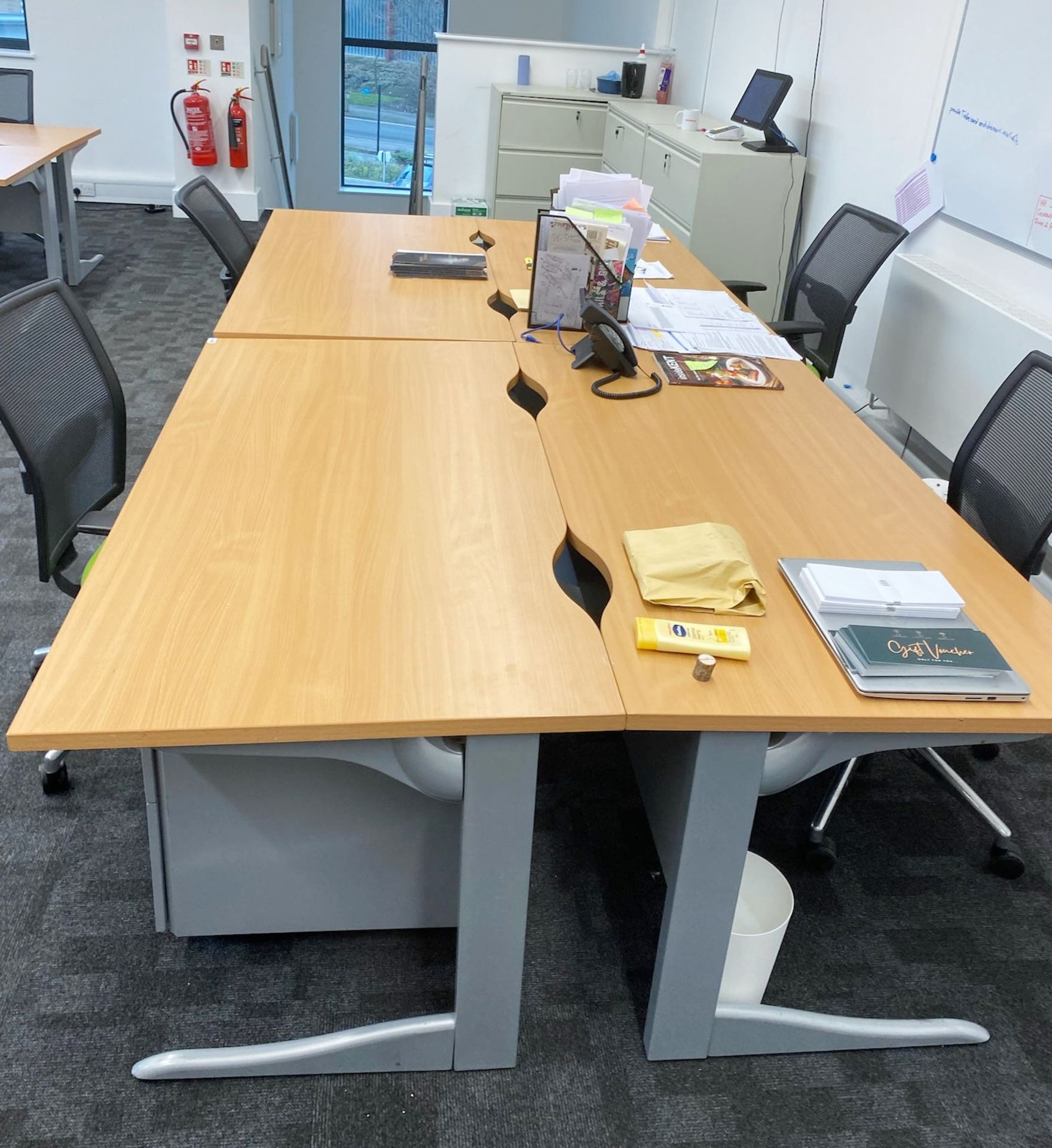 4 x Contemporary Beech Office Desks With Grey Pedestals and Green/Black Swivel Chairs - Image 2 of 4