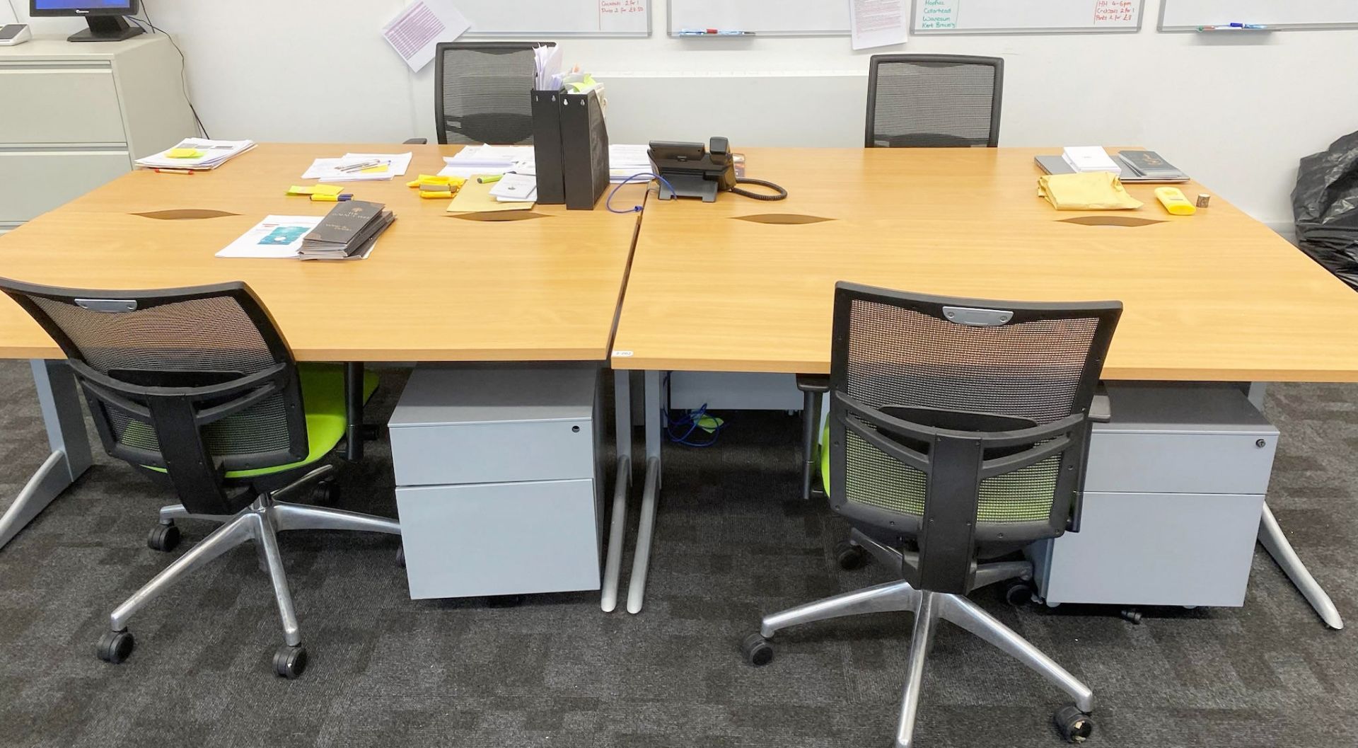 4 x Contemporary Beech Office Desks With Grey Pedestals and Green/Black Swivel Chairs