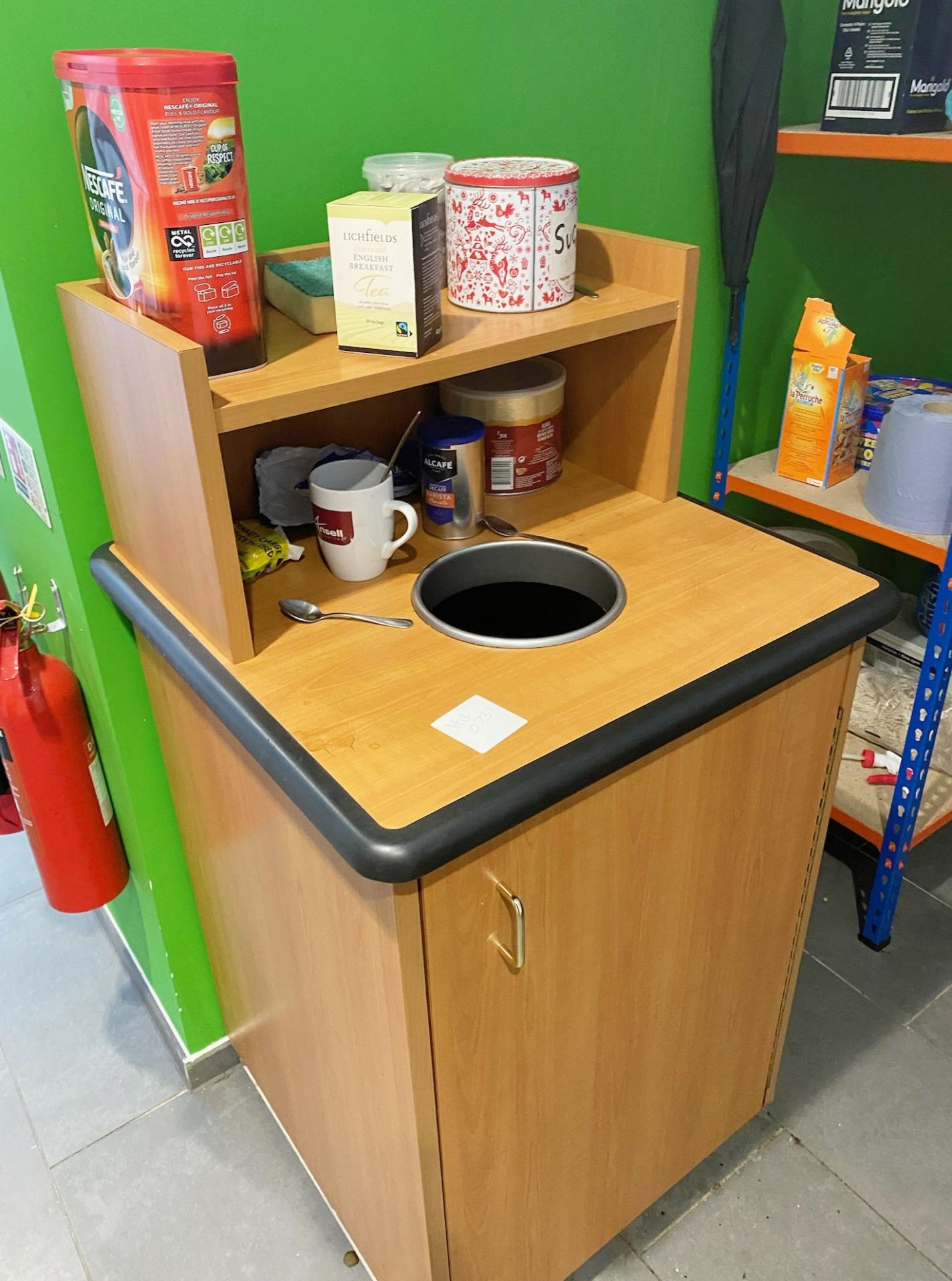 1 x Wooden Canteen Waste Cabinet With Bin Chute and Enclosed Waste Bin