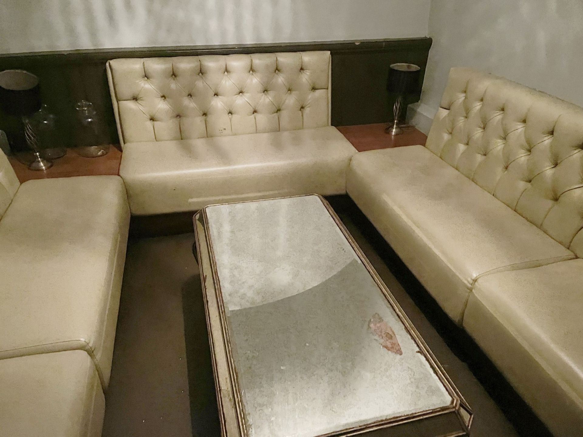 5 x Sections of Commercial Button Back Banquette Booth Seating Upholstered in a Cream Faux Leather - Image 8 of 14