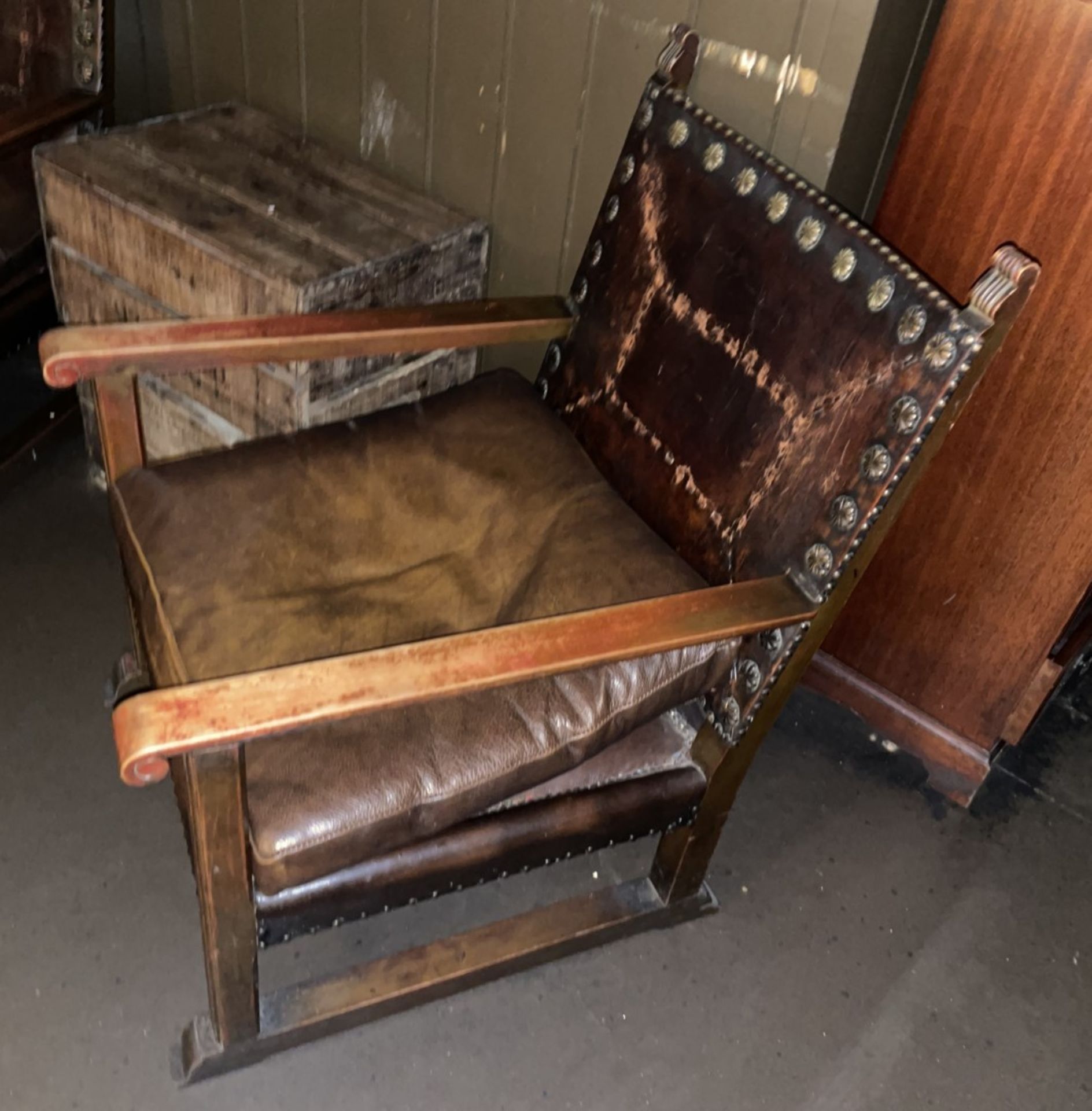 2 x Antique Gothic Revival Heavy Brown Leather Upholstered Wooden Armchairs, and Soap Box - Image 3 of 10