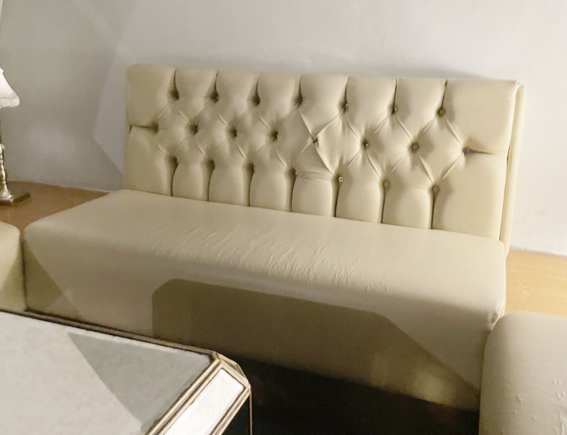 3 x Long Sections of Button Back Banquette Booth Seating Upholstered in a Cream Faux Leather - Image 5 of 8