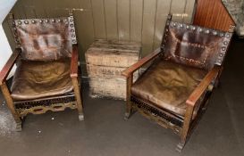 2 x Antique Gothic Revival Heavy Brown Leather Upholstered Wooden Armchairs, and Soap Box