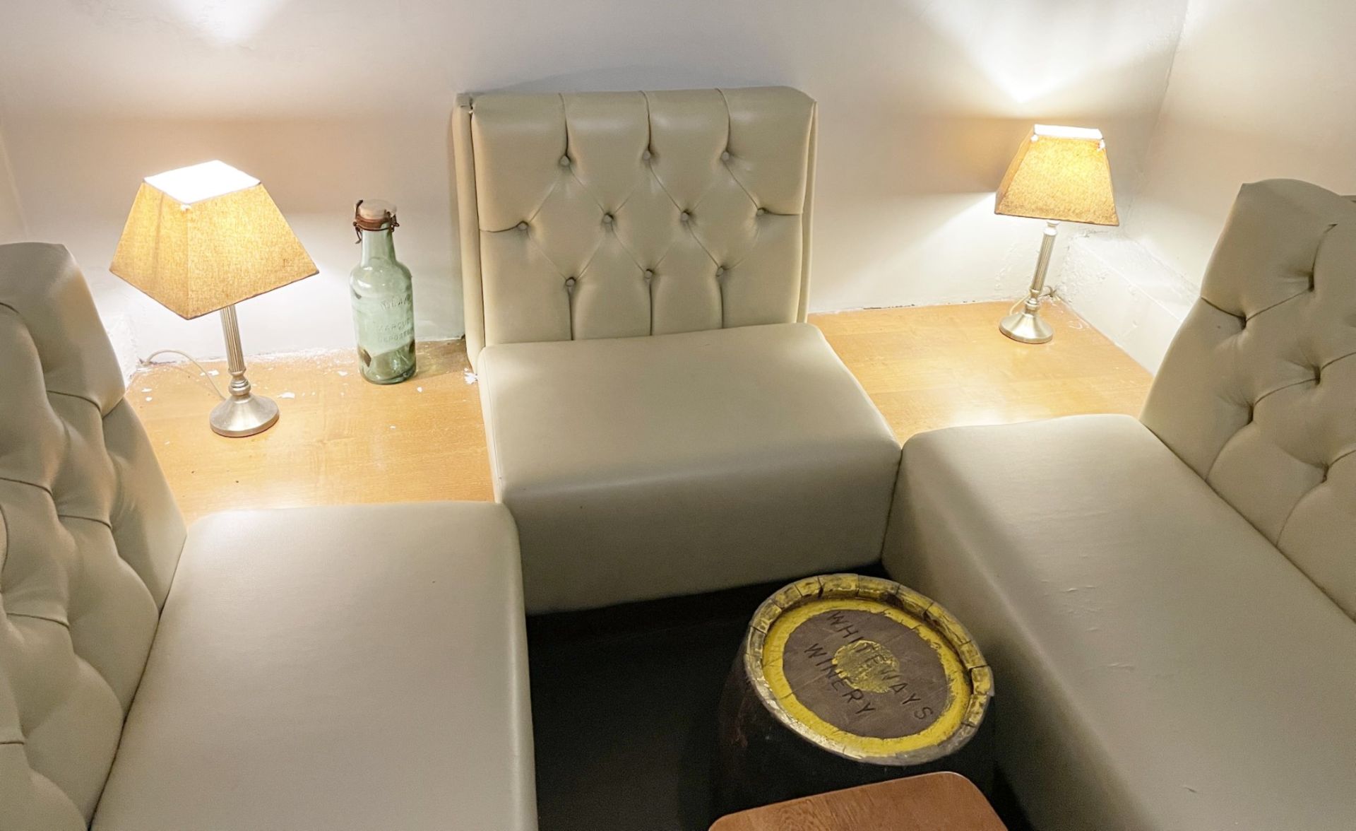 5 x Sections of Button Back Banquette Booth Seating Upholstered in a Cream Faux Leather - Image 6 of 6