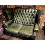 1 x Vintage Victorian-style Green Leather Wing Back Chesterfield 2-Seater Sofa with Studded Detail