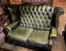1 x Vintage Victorian-style Green Leather Wing Back Chesterfield 2-Seater Sofa with Studded Detail