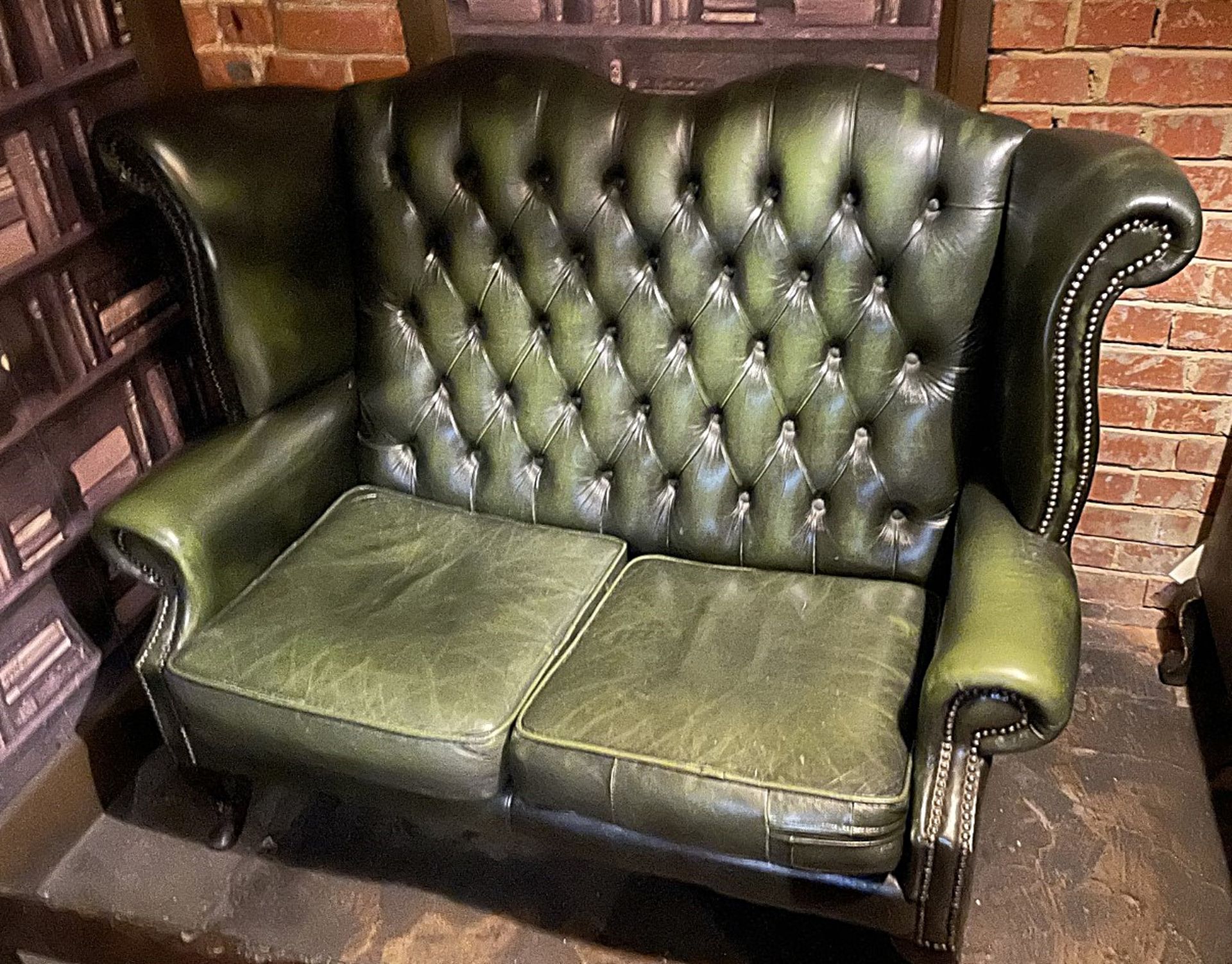 1 x Vintage Victorian-style Green Leather Wing Back Chesterfield 2-Seater Sofa with Studded Detail