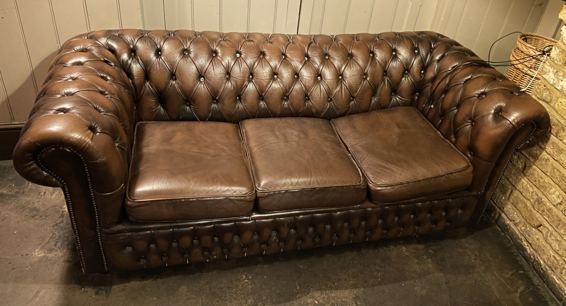 1 x Vintage Premium Handmade Brown Leather Button-back Chesterfield 3-Seater Studded Sofa