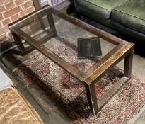1 x Vintage Glass Topped Rectangular Wooden Coffee Table PLUS Woven Rug