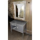 1 x Large Ornate Antique-style Painted Wall Mirror with Distressed Wooden Cabinet in Grey