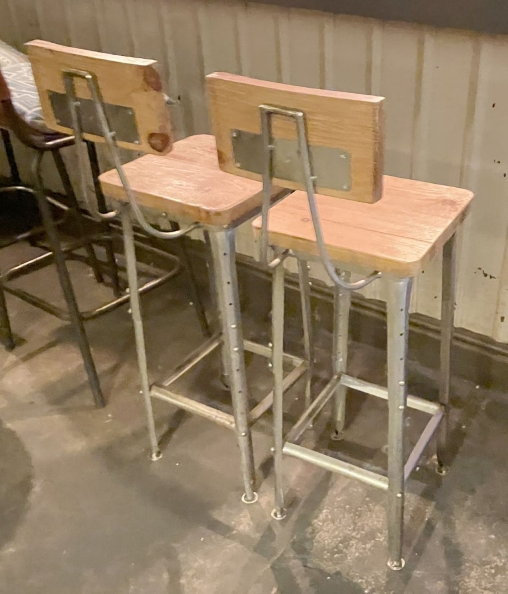 Pair of Industrial-style Bar Stools with Solid Wood Seats and Scooped Backrests - Image 3 of 4
