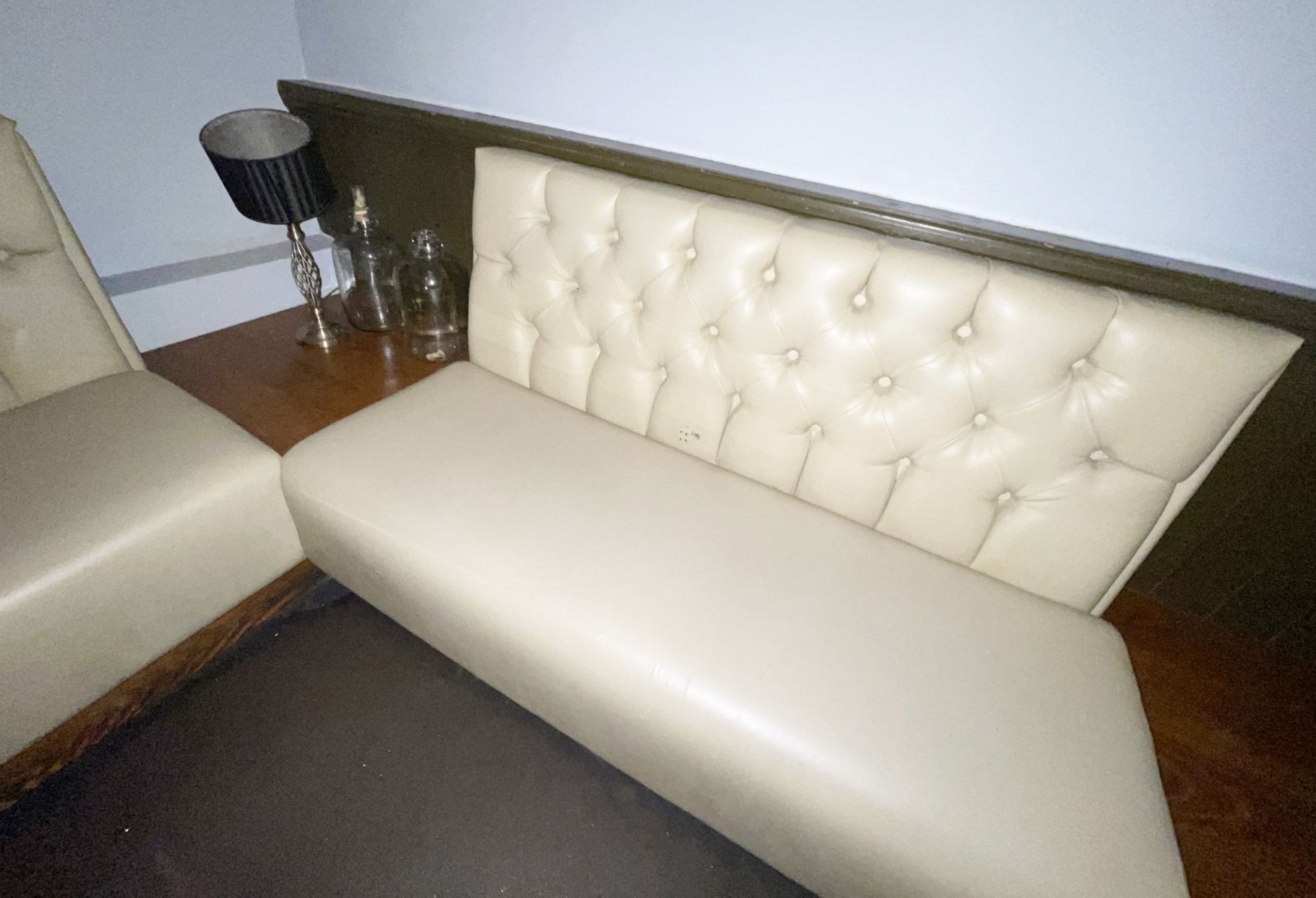 5 x Sections of Commercial Button Back Banquette Booth Seating Upholstered in a Cream Faux Leather - Image 10 of 14