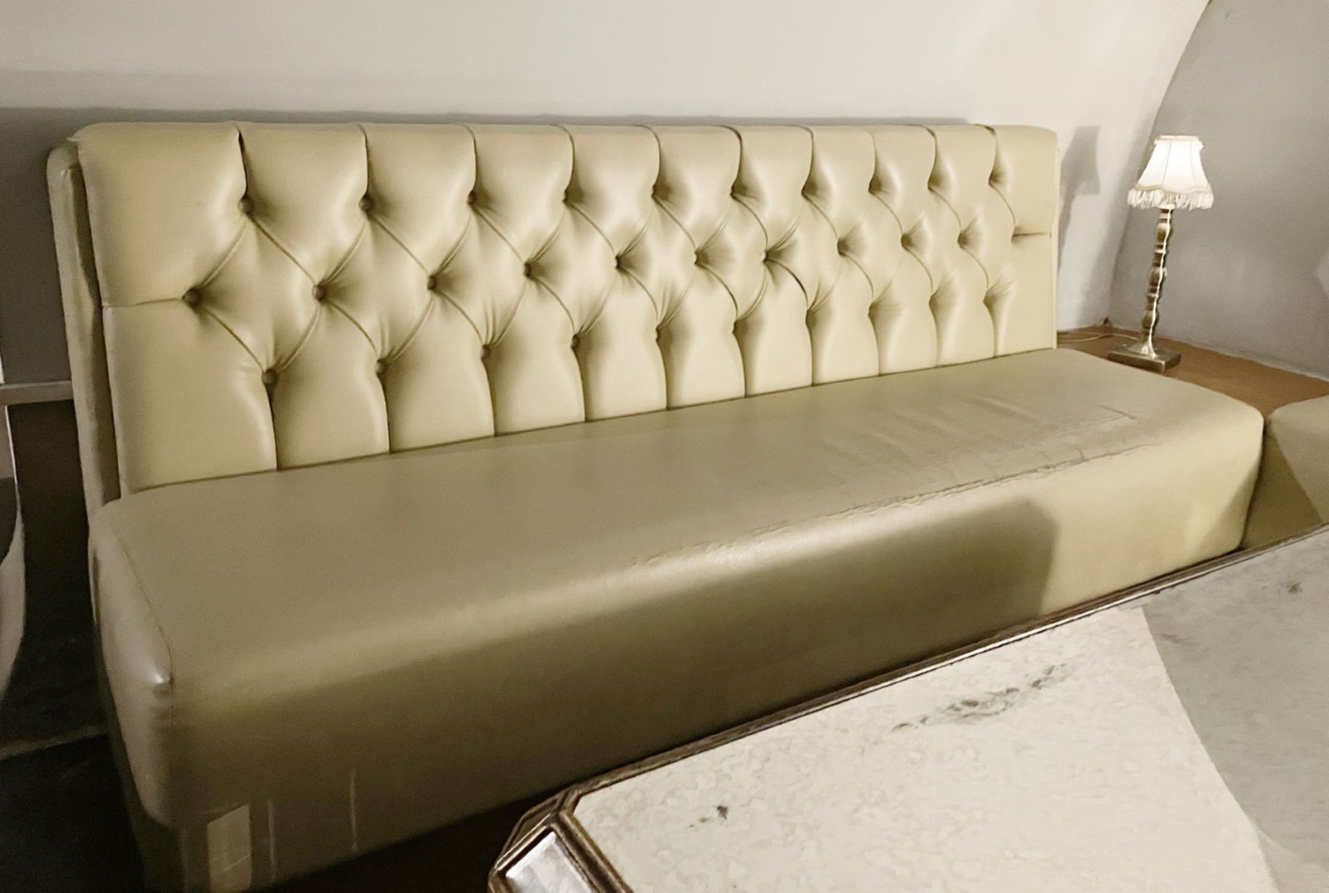 3 x Long Sections of Button Back Banquette Booth Seating Upholstered in a Cream Faux Leather - Image 8 of 8