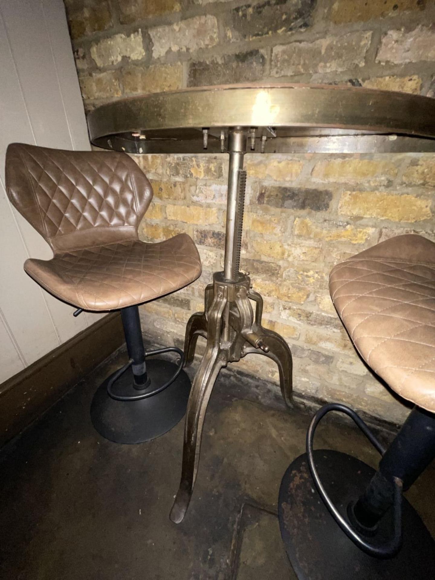 1 x Half-moon Industrial-style Wall Mounted Metal Topped Bar Table and 2 x Upholstered Bar Stools - Image 8 of 11