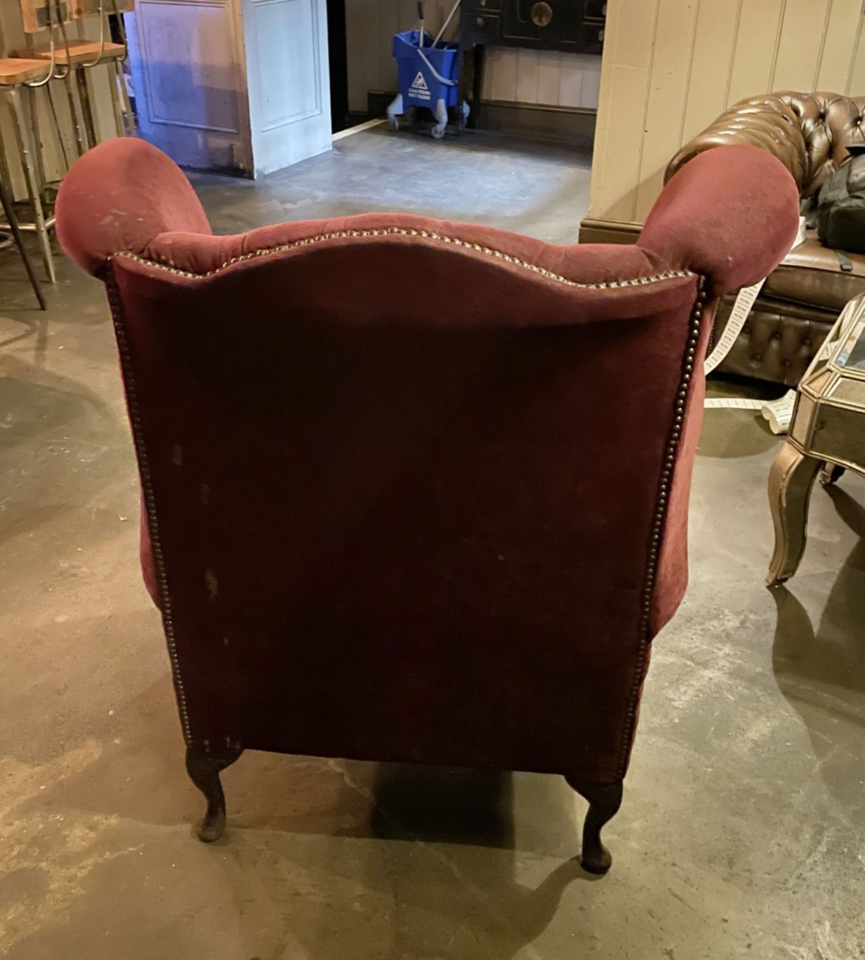1 x Period-style Distressed Chesterfield Queen Anne High Button-Tufted Wing Back Armchair in Red - Image 3 of 9