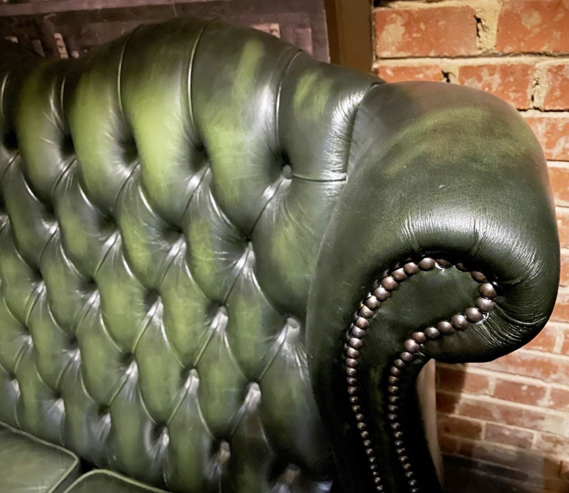 1 x Vintage Victorian-style Green Leather Wing Back Chesterfield 2-Seater Sofa with Studded Detail - Image 2 of 9