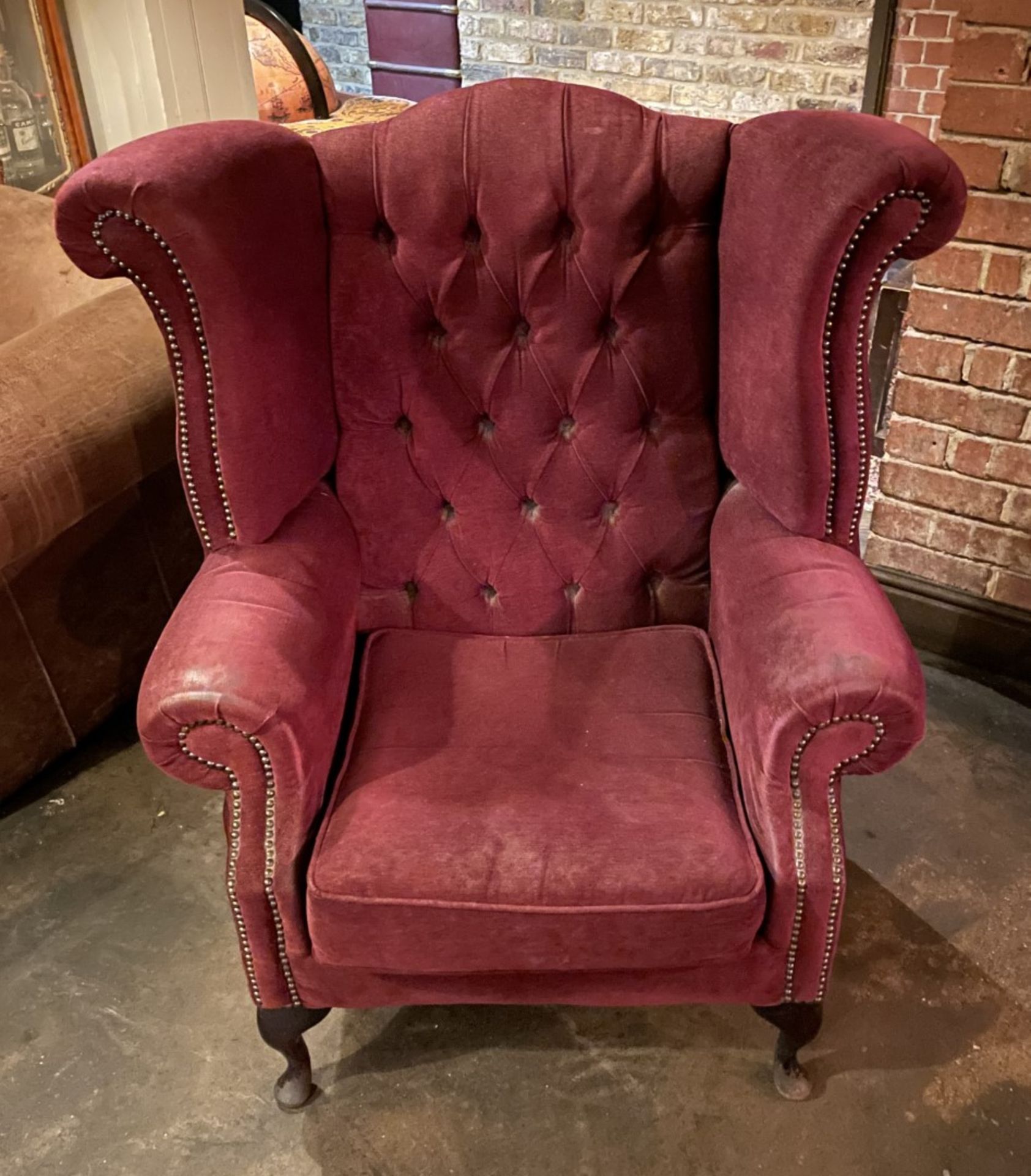1 x Period-style Distressed Chesterfield Queen Anne High Button-Tufted Wing Back Armchair in Red