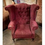 1 x Period-style Distressed Chesterfield Queen Anne High Button-Tufted Wing Back Armchair in Red