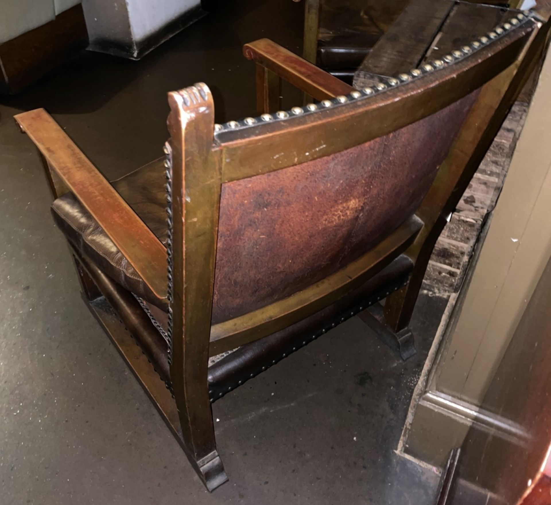 2 x Antique Gothic Revival Heavy Brown Leather Upholstered Wooden Armchairs, and Soap Box - Image 4 of 10