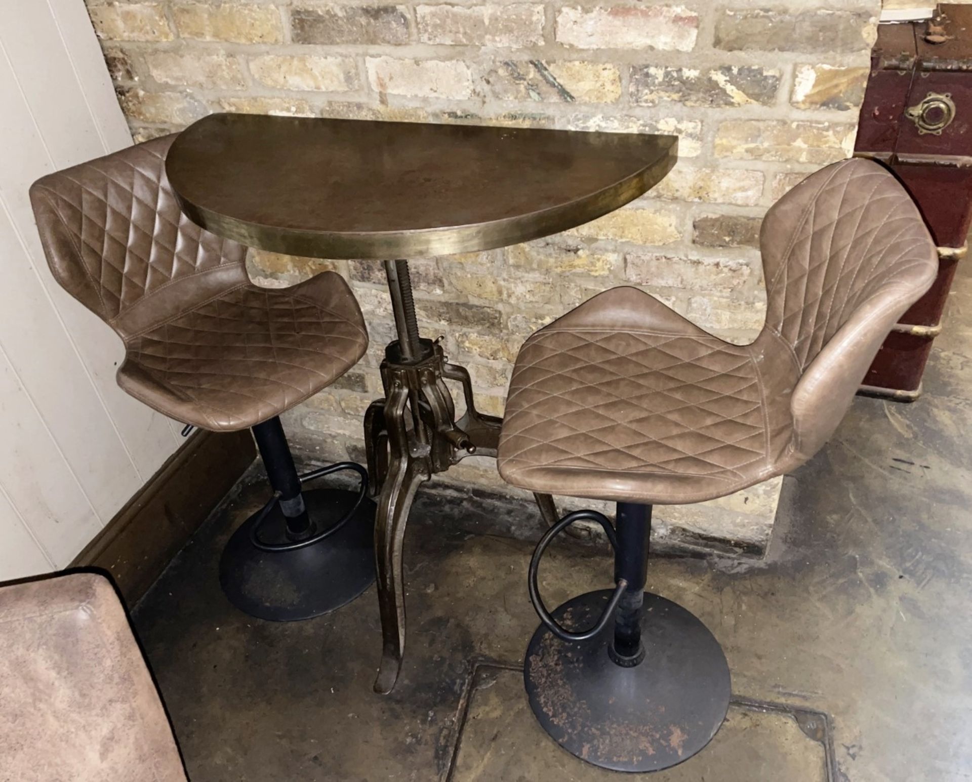 1 x Half-moon Industrial-style Wall Mounted Metal Topped Bar Table and 2 x Upholstered Bar Stools