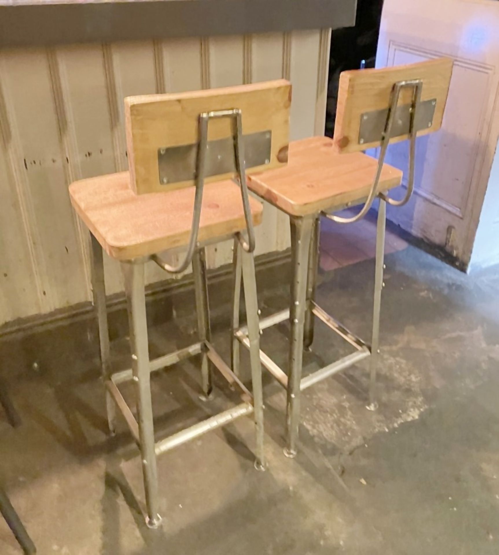 Pair of Industrial-style Bar Stools with Solid Wood Seats and Scooped Backrests - Image 2 of 4