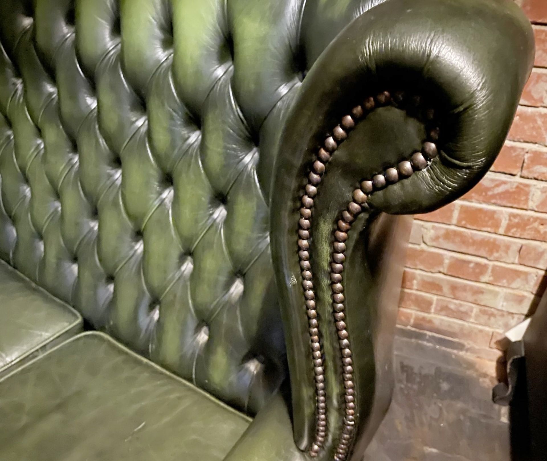 1 x Vintage Victorian-style Green Leather Wing Back Chesterfield 2-Seater Sofa with Studded Detail - Image 6 of 9