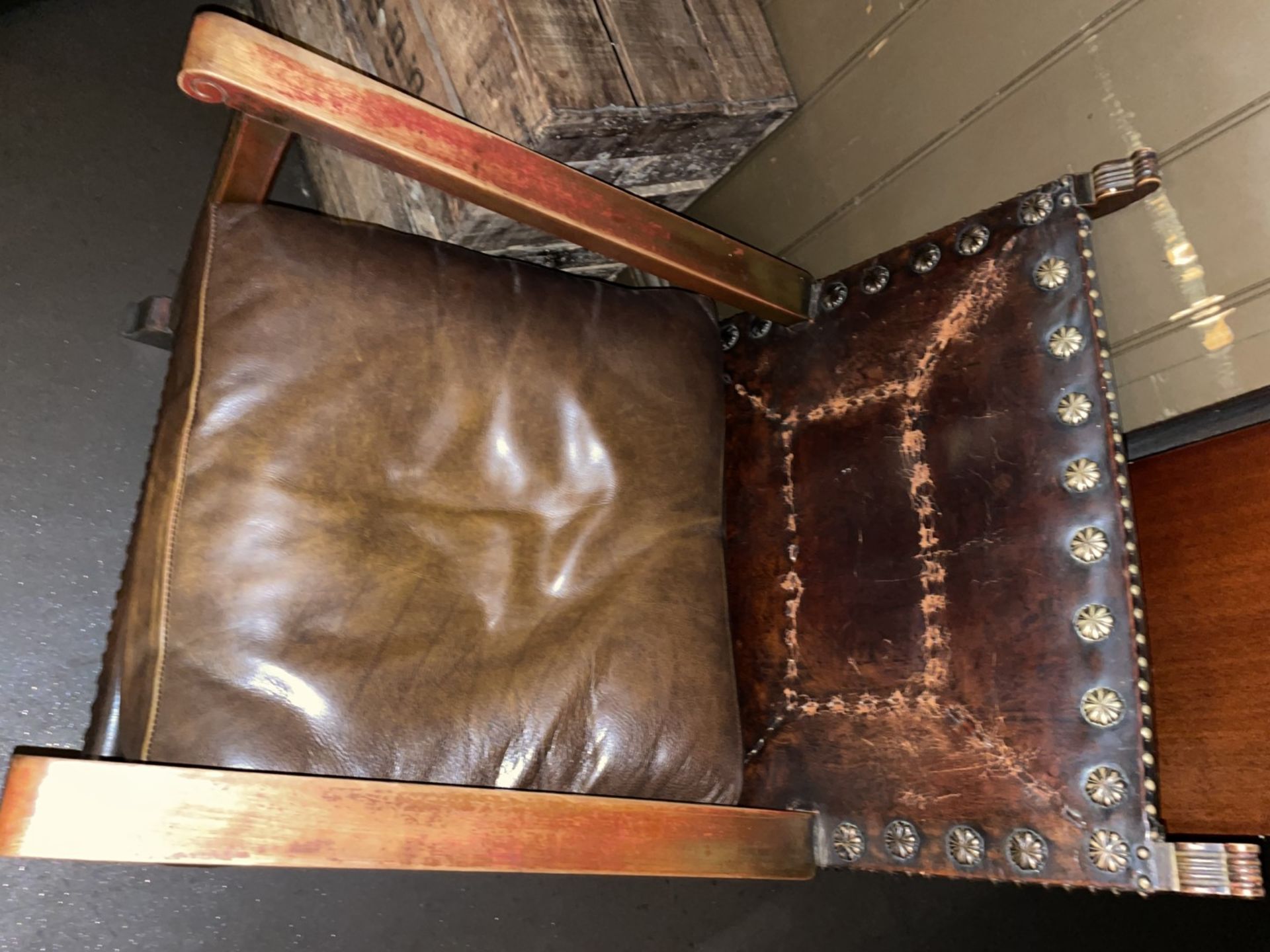 2 x Antique Gothic Revival Heavy Brown Leather Upholstered Wooden Armchairs, and Soap Box - Image 6 of 10