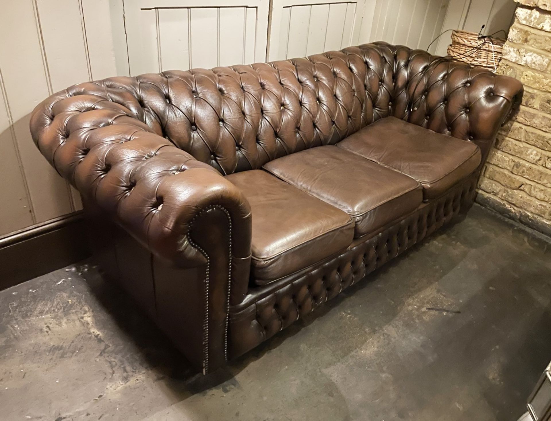 1 x Vintage Premium Handmade Brown Leather Button-back Chesterfield 3-Seater Studded Sofa - Image 5 of 8