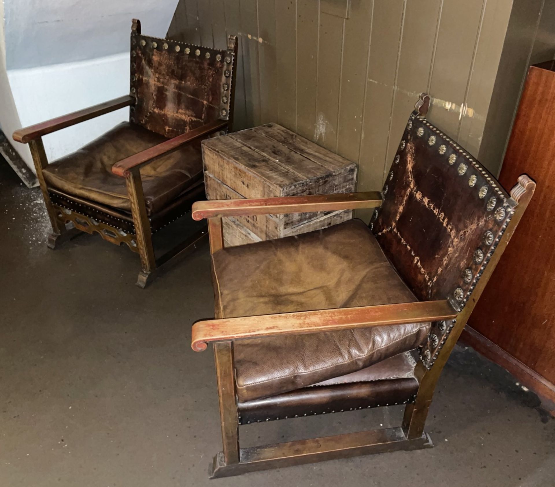 2 x Antique Gothic Revival Heavy Brown Leather Upholstered Wooden Armchairs, and Soap Box - Image 2 of 10
