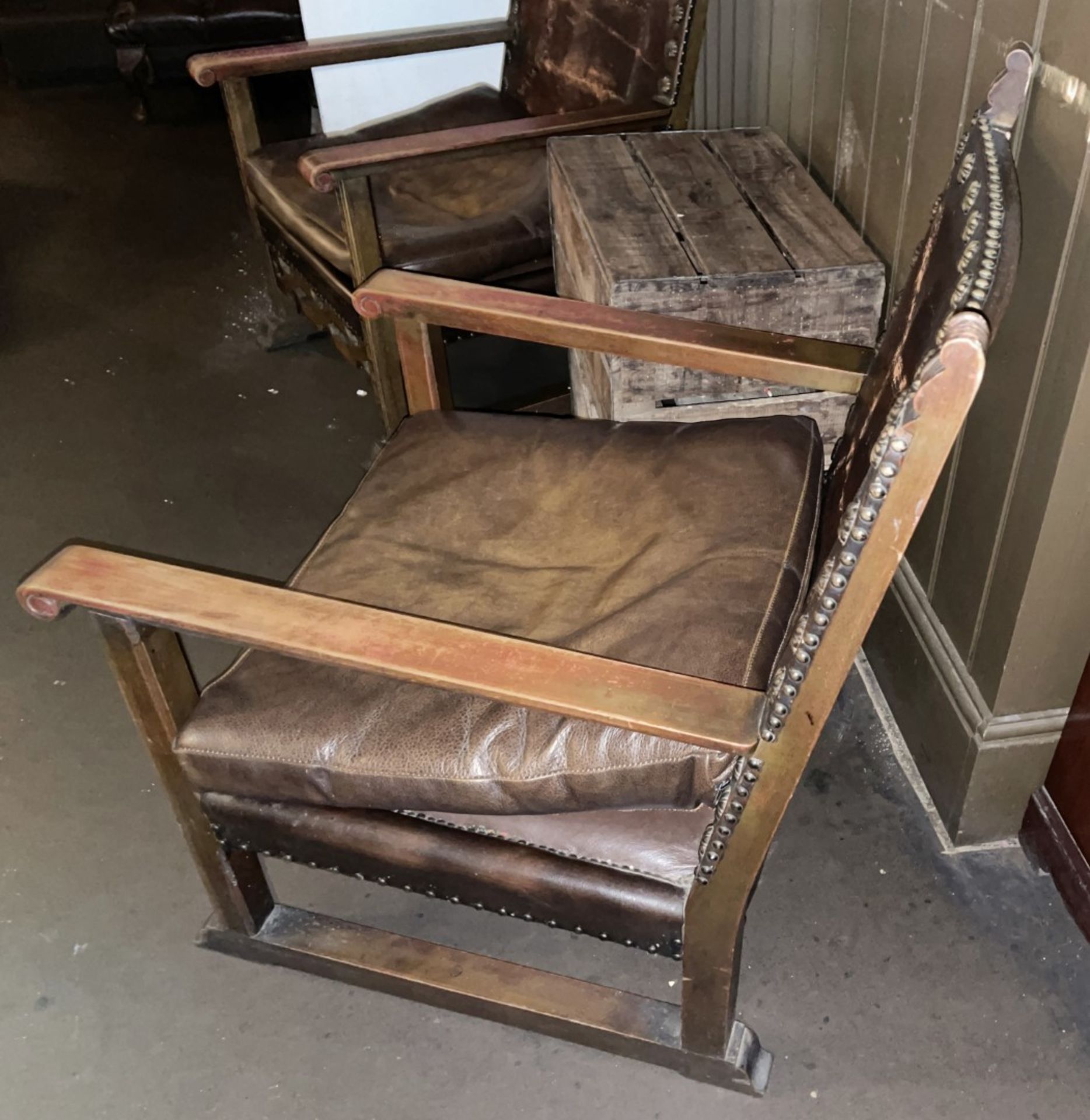 2 x Antique Gothic Revival Heavy Brown Leather Upholstered Wooden Armchairs, and Soap Box - Image 5 of 10
