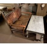 1 x Antique Gothic Revival Wooden 2-Seater Bench Chair, Upholstered in Heavy Brown Leather + Table